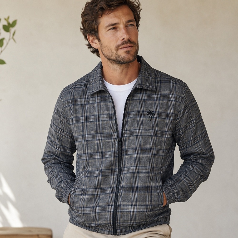 LIRA CRTV/CITY Mens Glen Plaid Harrington Jacket Grey Palm Tree Logo Full Zip XL